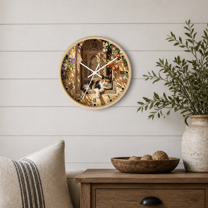 Round wall clock with a light wood frame and a printed scene of a cat sleeping in a window, styled on a white shiplap wall above a wooden side table with a plant and decorative bowl