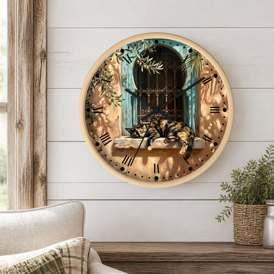 A round wall clock with a light wood frame hangs on a white shiplap wall above a wooden table. The clock face features a detailed illustration of a brown tabby cat resting on a stone windowsill in front of a turquoise window, surrounded by green foliage.