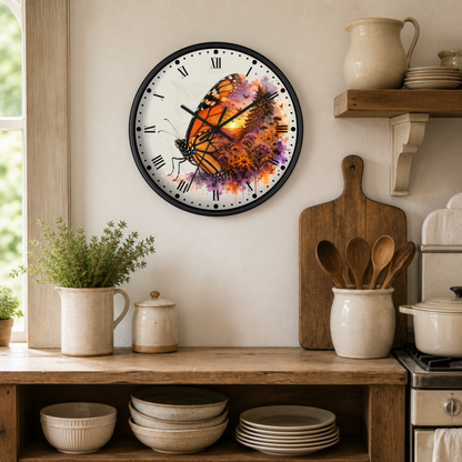 Monarch Sunrise Wall Clock — Butterfly Sunset Floral Art Decor