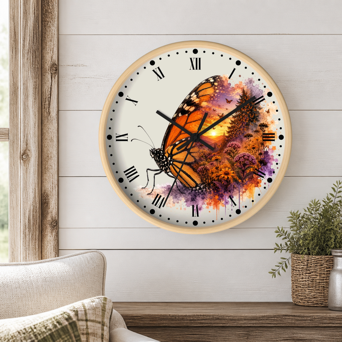 Monarch Sunrise Wall Clock — Butterfly Sunset Floral Art Decor
