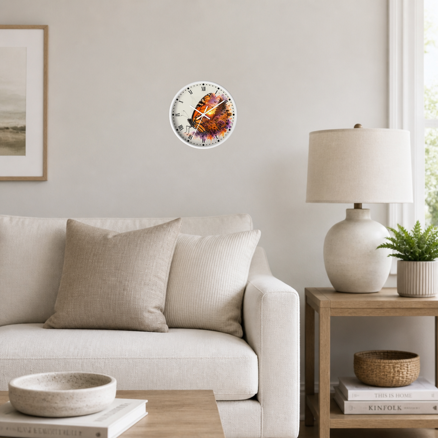 Monarch Sunrise Wall Clock — Butterfly Sunset Floral Art Decor