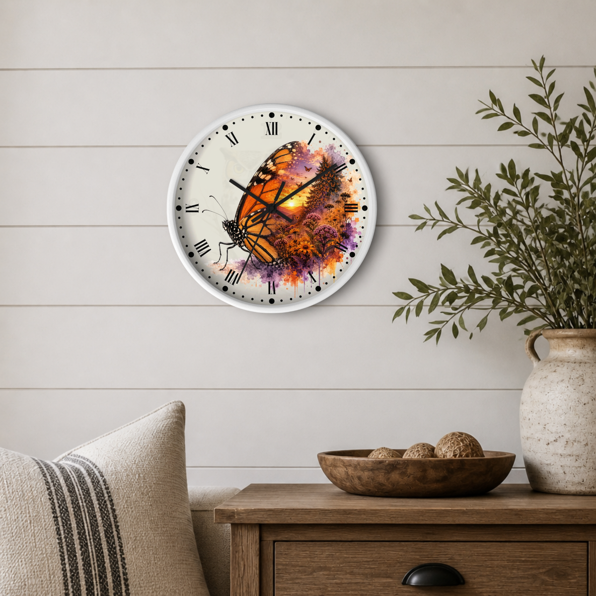 Monarch Sunrise Wall Clock — Butterfly Sunset Floral Art Decor