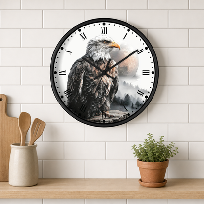 A round wall clock with a black frame and a printed eagle design on the face, mounted on a white subway tile wall above a wooden shelf with kitchen utensils and a potted plant.