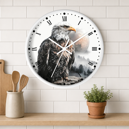 A round wall clock with a white face and Roman numerals, featuring a detailed photograph of a bald eagle over misty mountains and a large moon. The clock is mounted on a white subway tile wall above a wooden shelf with a small potted plant and wooden utensils.