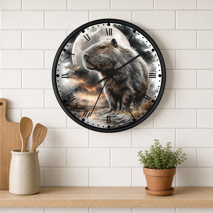 A round wall clock with a black frame and Roman numerals, featuring a detailed illustration of a capybara under a full moon on the clock face. The clock is mounted on a white subway tile wall above a wooden shelf with a small potted plant and wooden utensils.