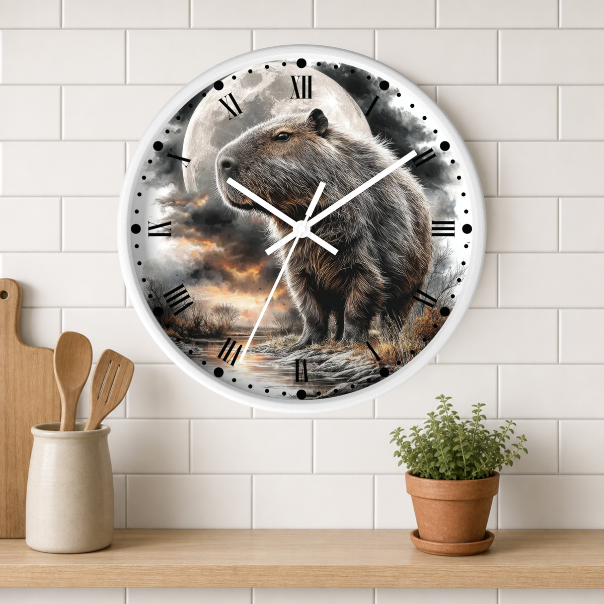 A round wall clock with a white frame and Roman numerals, featuring a detailed illustration of a capybara under a full moon on the clock face. The clock is mounted on a white subway tile wall above a wooden shelf with a small potted plant and wooden utensils.
