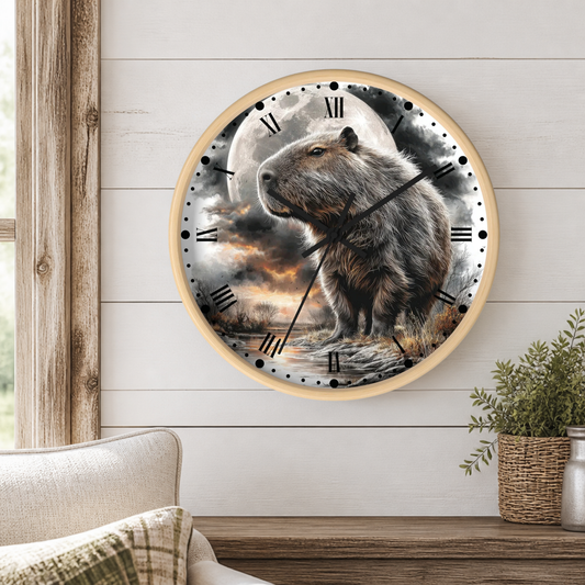 Round wall clock with a light wood frame featuring a detailed illustration of a capybara standing in front of a full moon, mounted on a white shiplap wall above a wooden mantel with a small plant.