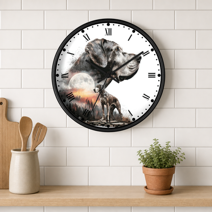 A round wall clock with a black frame and a printed illustration of a gray dog against a white background with a moon and sunset motif. The clock is mounted on a white subway tile wall above a wooden shelf with a small potted plant and wooden utensils.