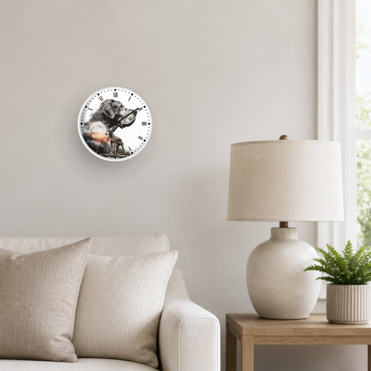 A round wall clock with a black and white dog illustration and a warm orange glow, mounted on a light beige wall in a modern living room setting next to a lamp and sofa.