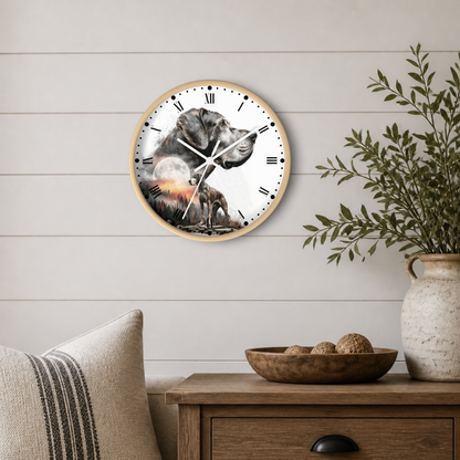 A round wall clock with a light wood frame hangs on a white shiplap wall above a wooden side table. The clock face features a black-and-white dog illustration with a warm sunset glow and a small child figure.