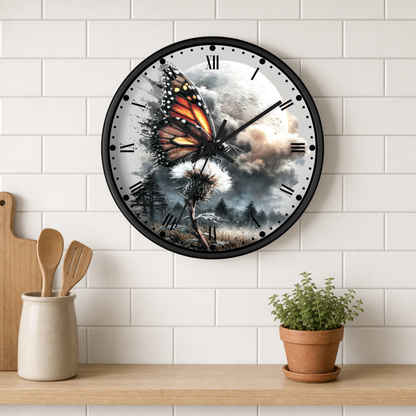 A round wall clock with a black frame and a surreal butterfly-and-moon face design, mounted on a white subway-tile wall above a wooden shelf with kitchen utensils and a potted plant.