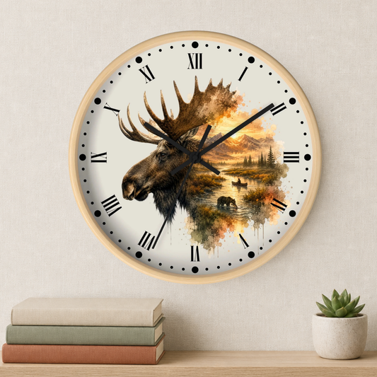 A round wall clock with a light wood frame hangs on a beige wall above a shelf with stacked books and a small potted succulent. The clock face features a moose head merging into a scenic landscape illustration in warm autumn tones, with black Roman numerals and hands.