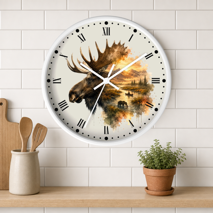 A round wall clock with a white frame and Roman numerals, featuring a moose head and a scenic lake landscape printed on the face. The clock is mounted on a white subway tile wall above a wooden shelf with a small potted plant and wooden utensils.