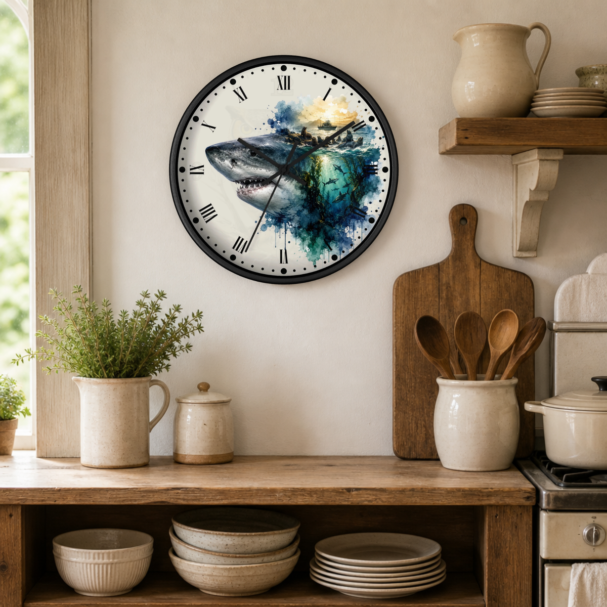 A round wall clock with a black frame and a watercolor-style shark illustration on the face, hanging on a beige wall in a rustic kitchen setting with wooden shelves, ceramic dishes, and plants.