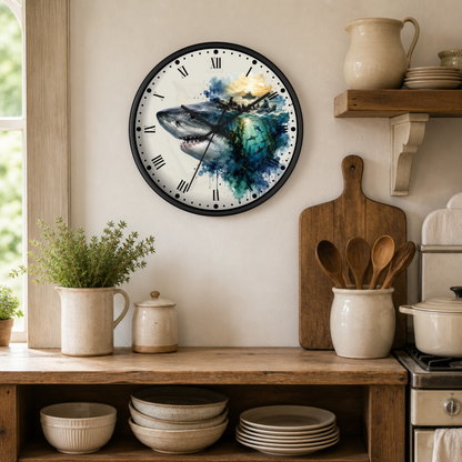 A round wall clock with a black frame and a watercolor-style shark illustration on the face, hanging on a beige wall in a rustic kitchen setting with wooden shelves, ceramic dishes, and plants.