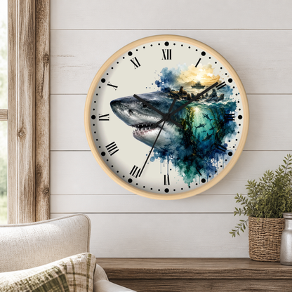 A round wall clock with a light wood frame and a watercolor-style shark illustration in blue, teal, and gold tones, mounted on a white shiplap wall above a wooden mantel with a plant and part of a sofa visible.