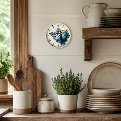 A round wall clock with a whale and blue floral illustration on the face, styled on a light wood shiplap wall above a rustic wooden shelf with plates, a cutting board, and potted plants.