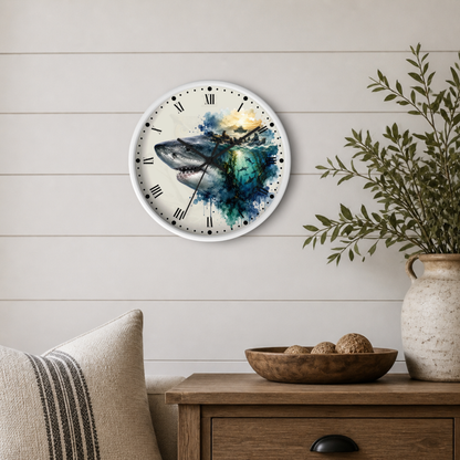 A round wall clock with a white frame and black Roman numerals, featuring a watercolor-style shark illustration in blue, teal, and gray tones. The clock is mounted on a light beige shiplap wall above a wooden side table with a vase of greenery and a pillow in a styled room setting.