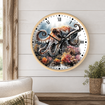 Round wall clock with a light wood frame featuring a detailed octopus and coral reef illustration, mounted on a white shiplap wall above a wooden console table with a plant.