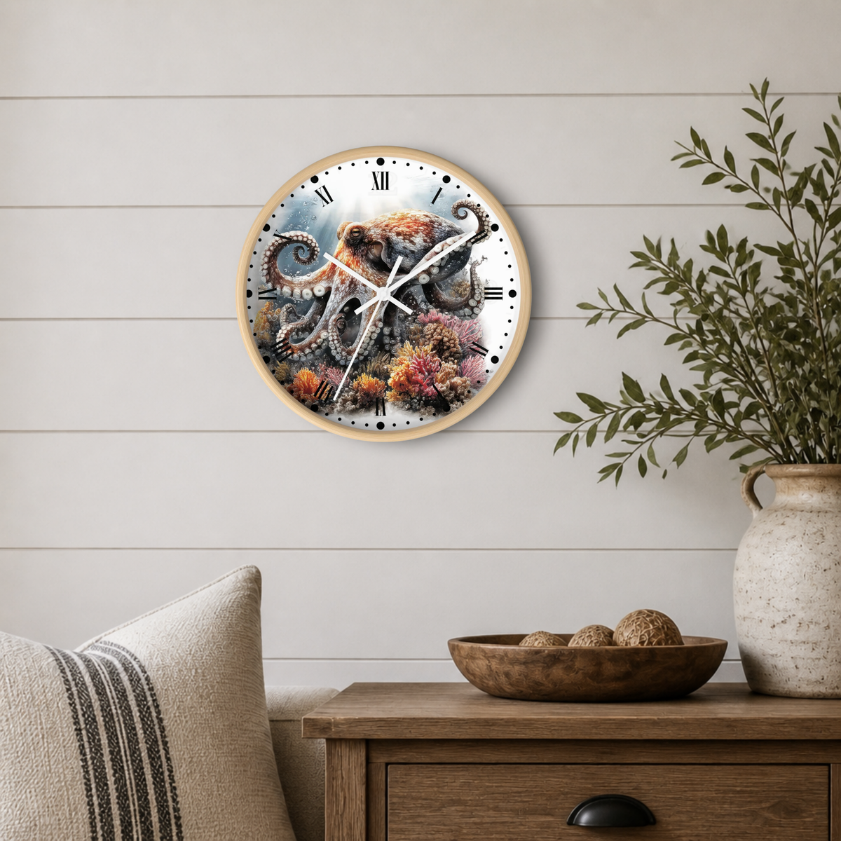 A round wall clock with a natural wood frame hangs on a white shiplap wall above a wooden side table. The clock face features a detailed illustration of an octopus among colorful coral reefs.