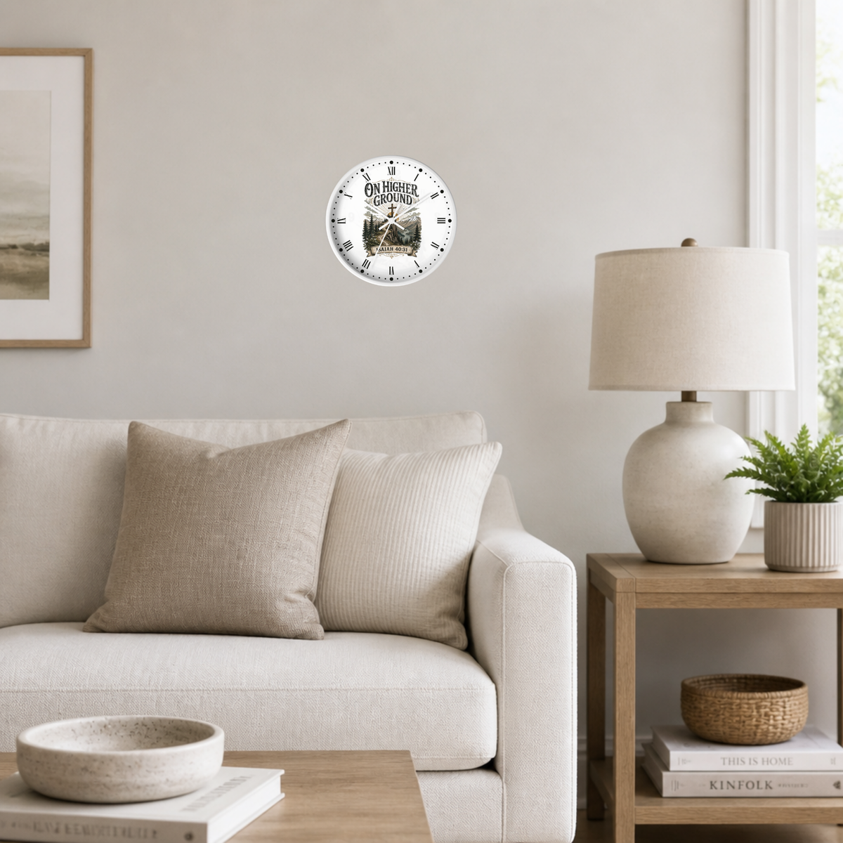 A round wall clock featuring a vintage illustration of a camel and the text 'ALL FOR THE LORD' and 'THE LORD IS MY PARTNER', mounted on a light gray wall in a modern living room setting.