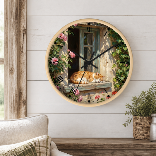 Orange & White Cat Napping Garden Wall Clock — Vintage Floral Window Scene