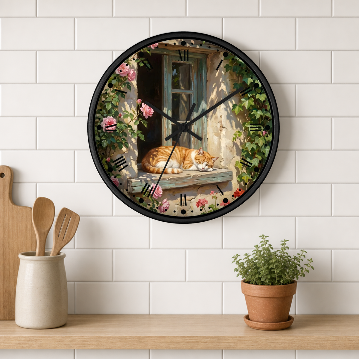 Orange & White Cat Napping Garden Wall Clock — Vintage Floral Window Scene