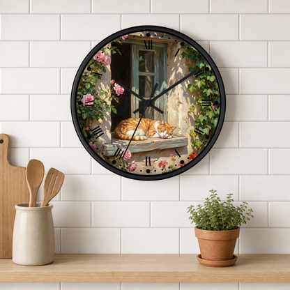 Orange & White Cat Napping Garden Wall Clock — Vintage Floral Window Scene
