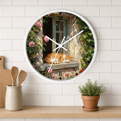 Orange & White Cat Napping Garden Wall Clock — Vintage Floral Window Scene