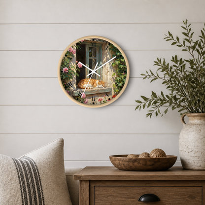 Orange & White Cat Napping Garden Wall Clock — Vintage Floral Window Scene