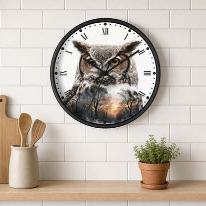 A round wall clock with a black frame hangs on a white subway-tile wall above a wooden shelf. The clock face features a detailed owl illustration with a forest and sunset design.