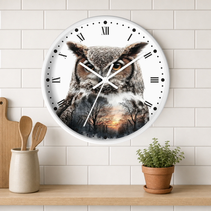 A round wall clock with a white frame and Roman numerals, featuring a large owl face over a forest landscape print. The clock is mounted on a white subway-tile wall above a wooden shelf with a small potted plant and wooden utensils.