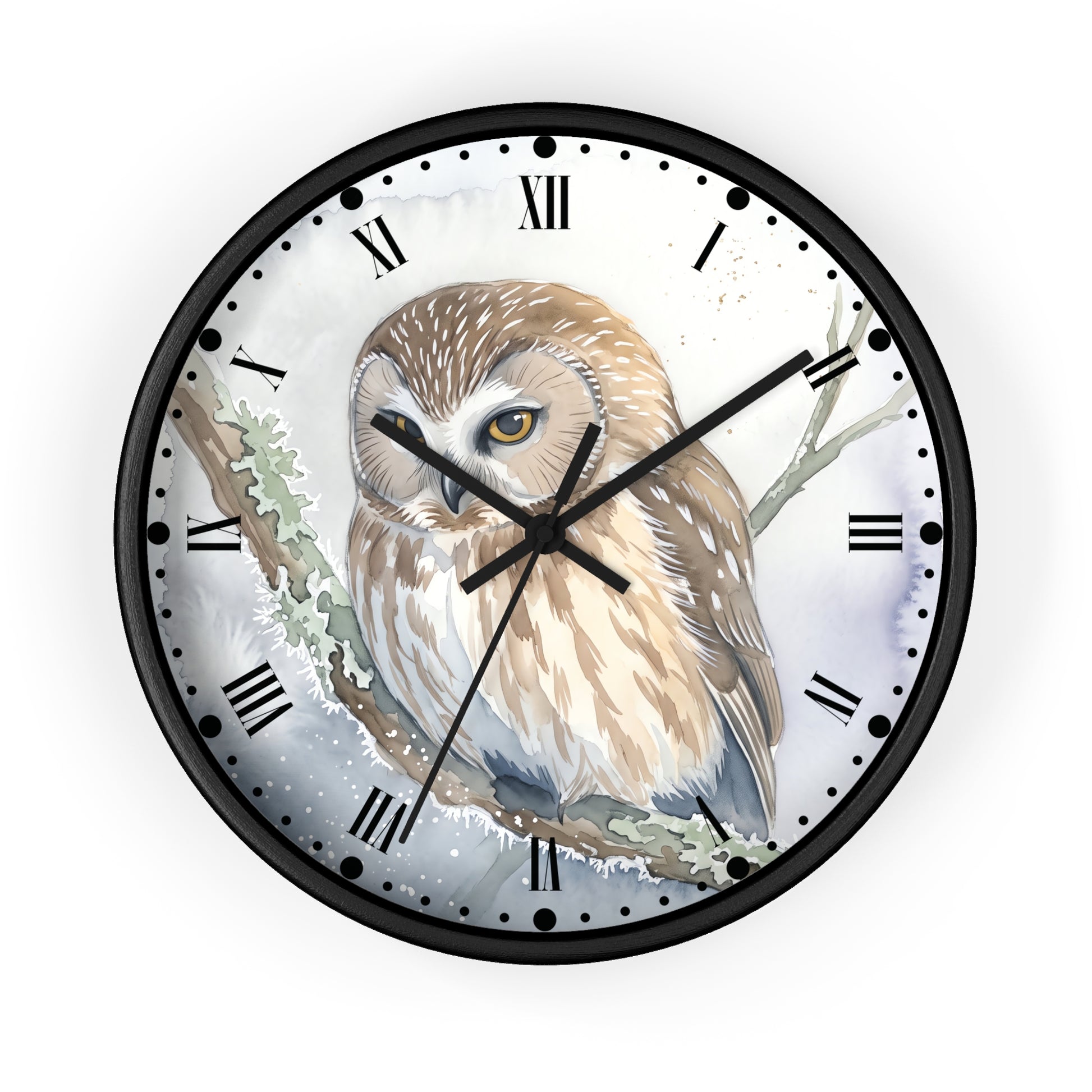 A round wall clock with a black frame and Roman numeral hour markers, featuring a detailed illustration of a brown and beige owl perched on a branch with green leaves on a light background.