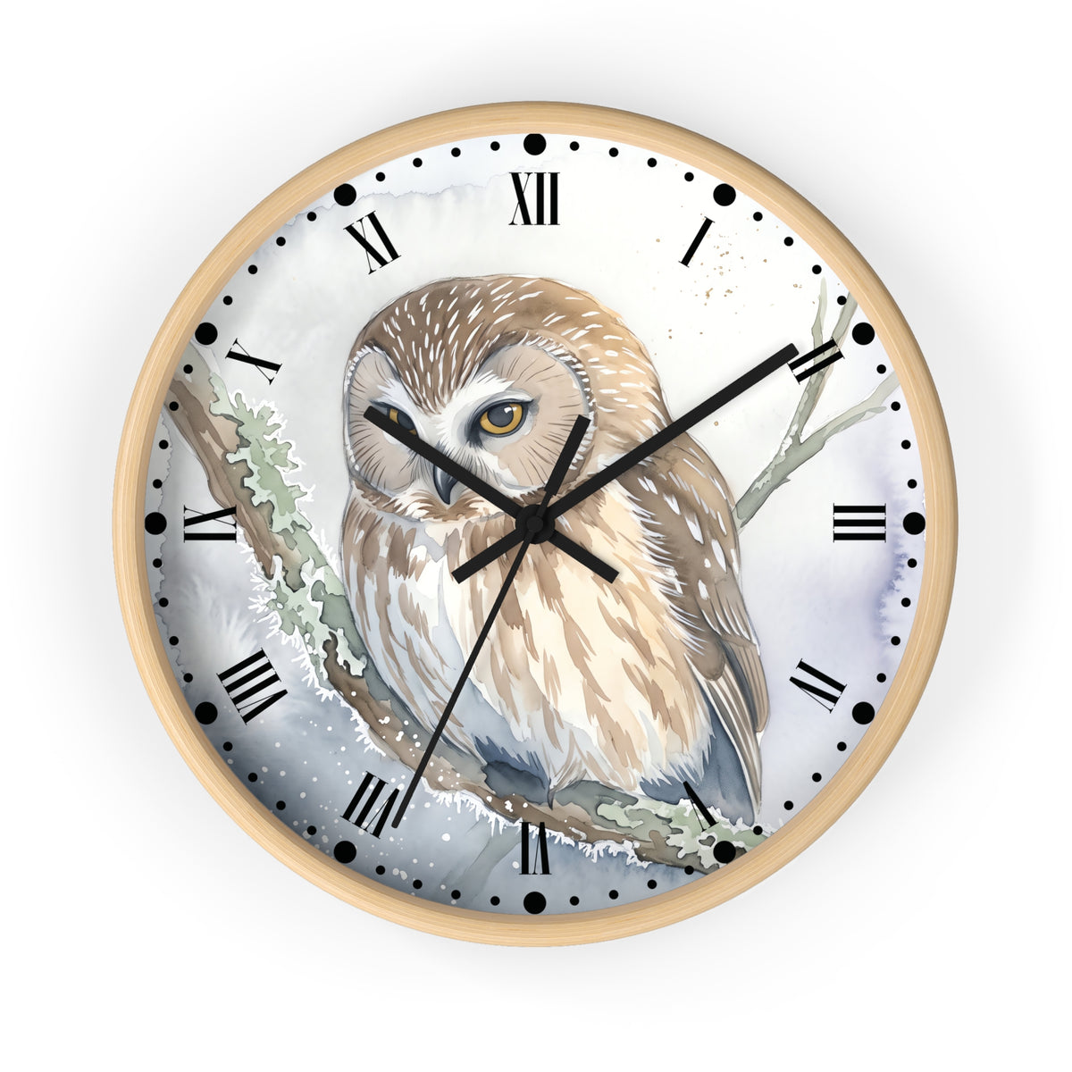Round wall clock with a light wood frame and a printed owl illustration on the face, featuring black Roman numerals and black clock hands on a white background.