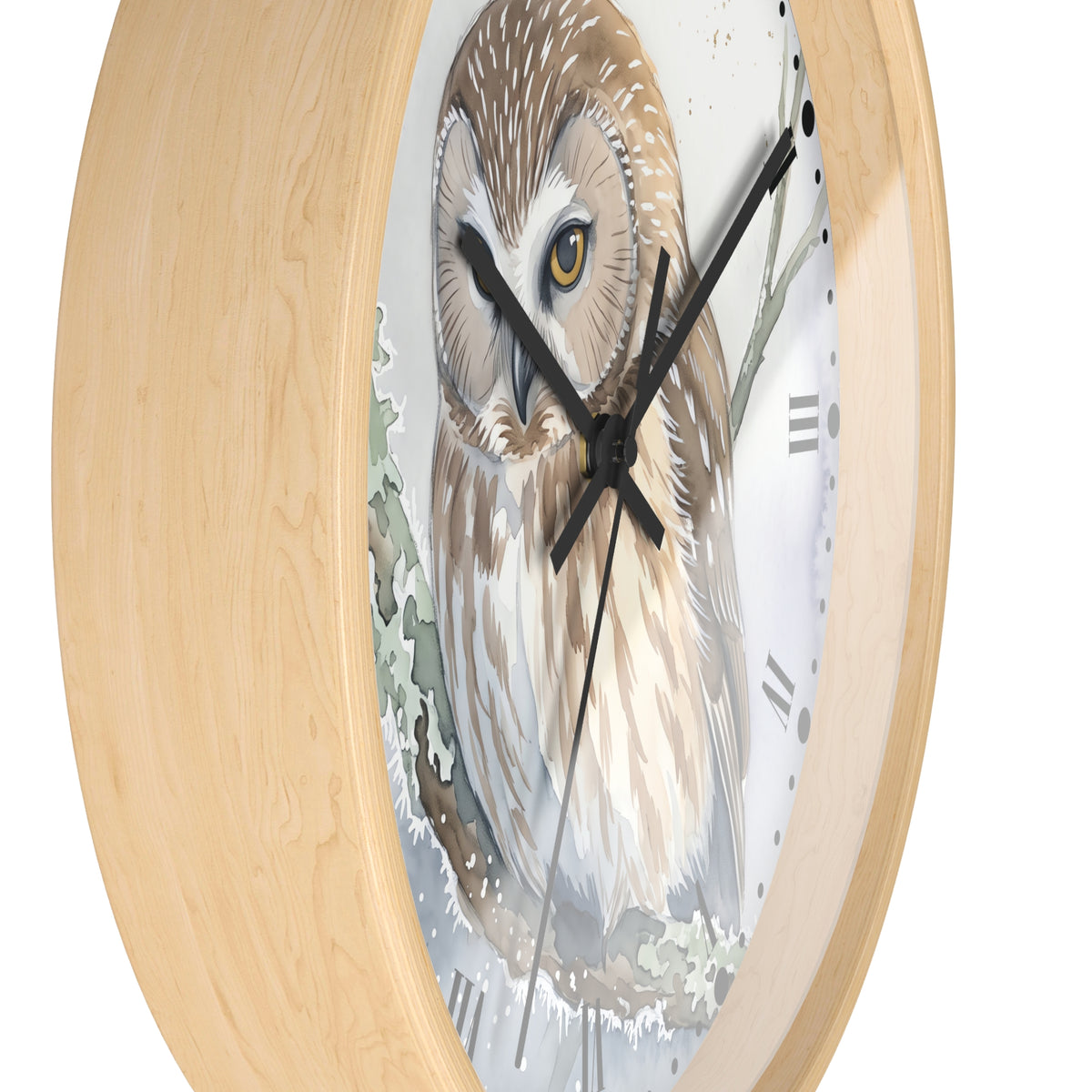 Round wall clock with a light natural wood frame and a printed owl illustration on the face, shown against a plain white background.
