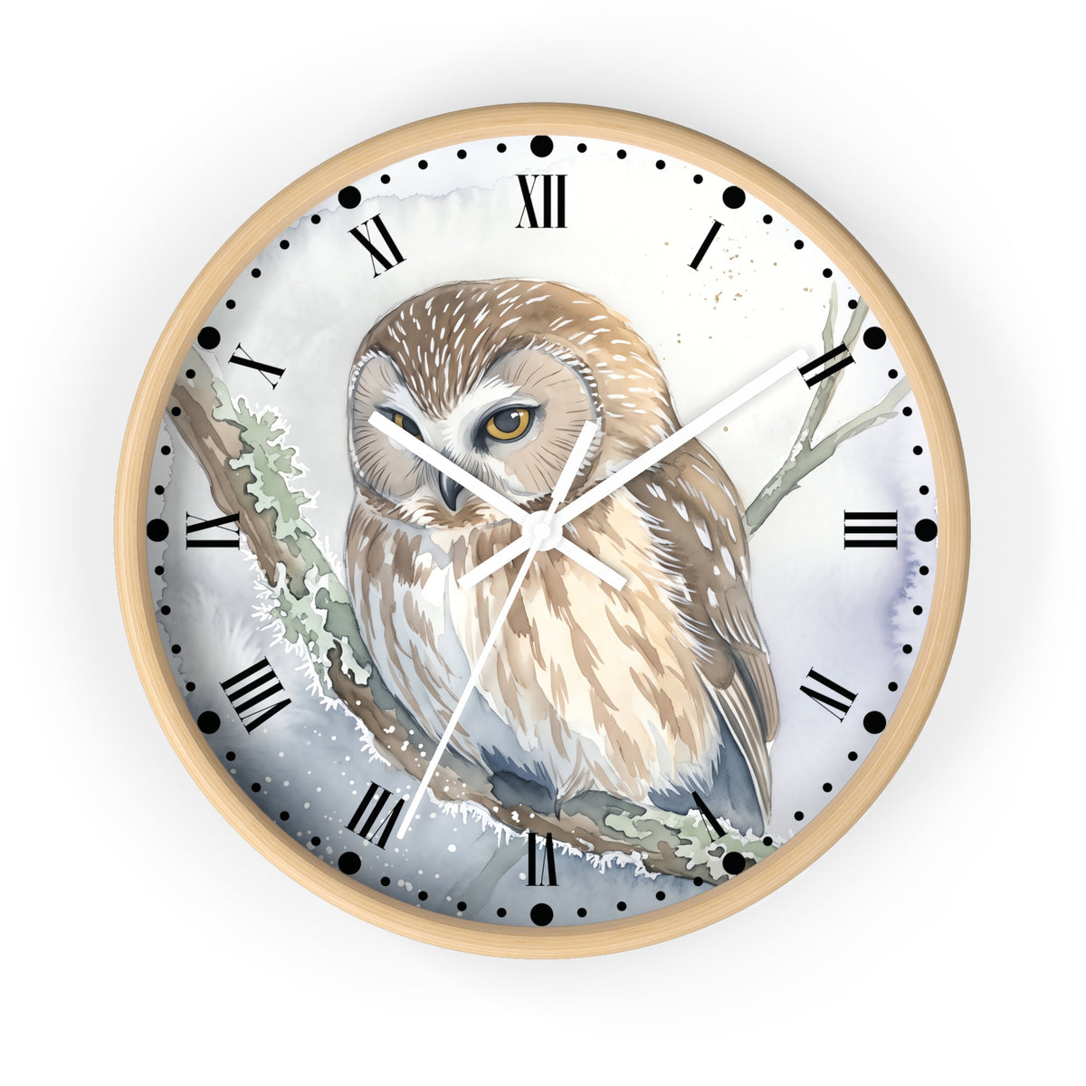 Round wall clock with a light wood frame and a printed owl illustration on the face, featuring black Roman numerals and white clock hands on a white background.