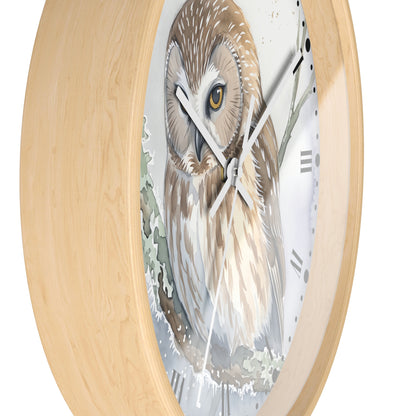 Round wall clock with a light natural wood frame and a printed owl illustration on the face, shown against a plain white background.