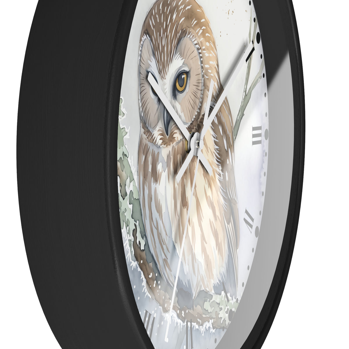 A close-up of a round wall clock with a black frame and a detailed illustration of a brown and beige owl on the face, set against a plain white background.