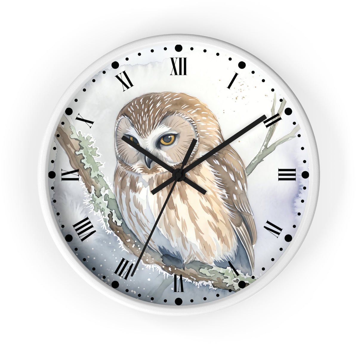 A round wall clock with a white frame and face, featuring a painted owl perched on a branch. The clock uses black Roman numerals for hour markers and has black hands.