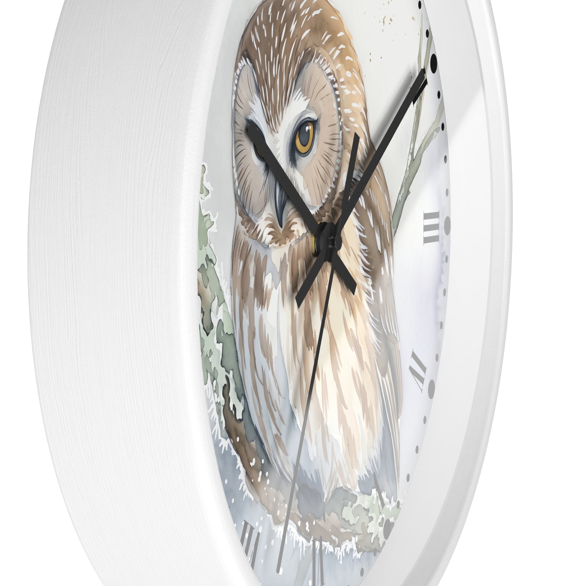 A close-up of a white round wall clock featuring a detailed watercolor illustration of an owl on the face, with black hands and partial Roman numerals visible against a clean white background.