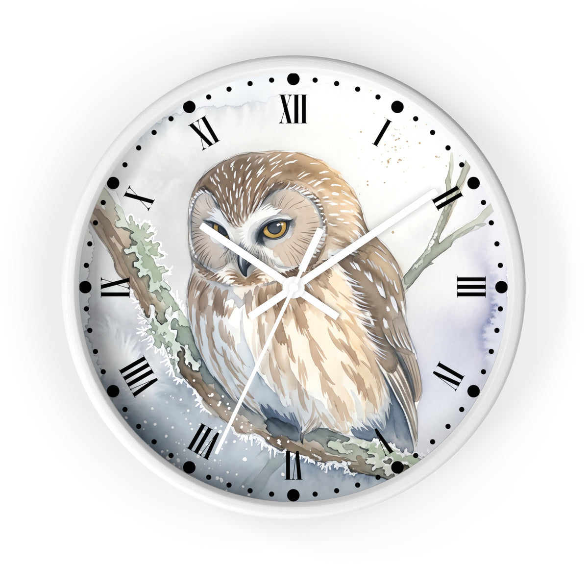 A round wall clock with a white frame and a printed illustration of a brown and cream owl perched on a branch. The clock face has black Roman numerals and white hands against a soft watercolor-style background.