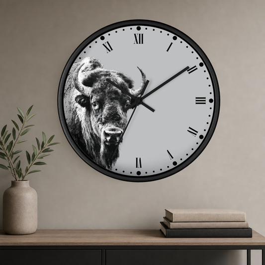 A round wall clock with a black frame and a black-and-white bison illustration on the clock face, mounted on a beige wall above a console table with a vase and books.