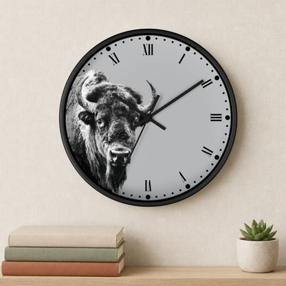 A round wall clock with a black frame and a light gray face, featuring a black-and-white close-up of a bison on the left side. The clock is mounted on a beige wall above a wooden shelf with stacked books and a small potted succulent.