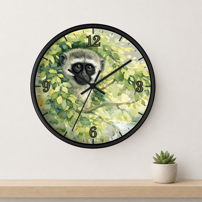 Round wall clock with a black frame and a printed face featuring a vervet monkey among green leaves, mounted on a light wall above a wooden shelf with a small potted succulent.