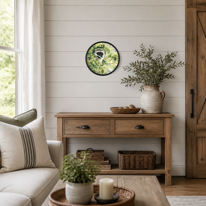 A round wall clock with a green forest pattern face and black frame, styled on a white shiplap wall above a rustic wooden console table in a cozy living room setting.