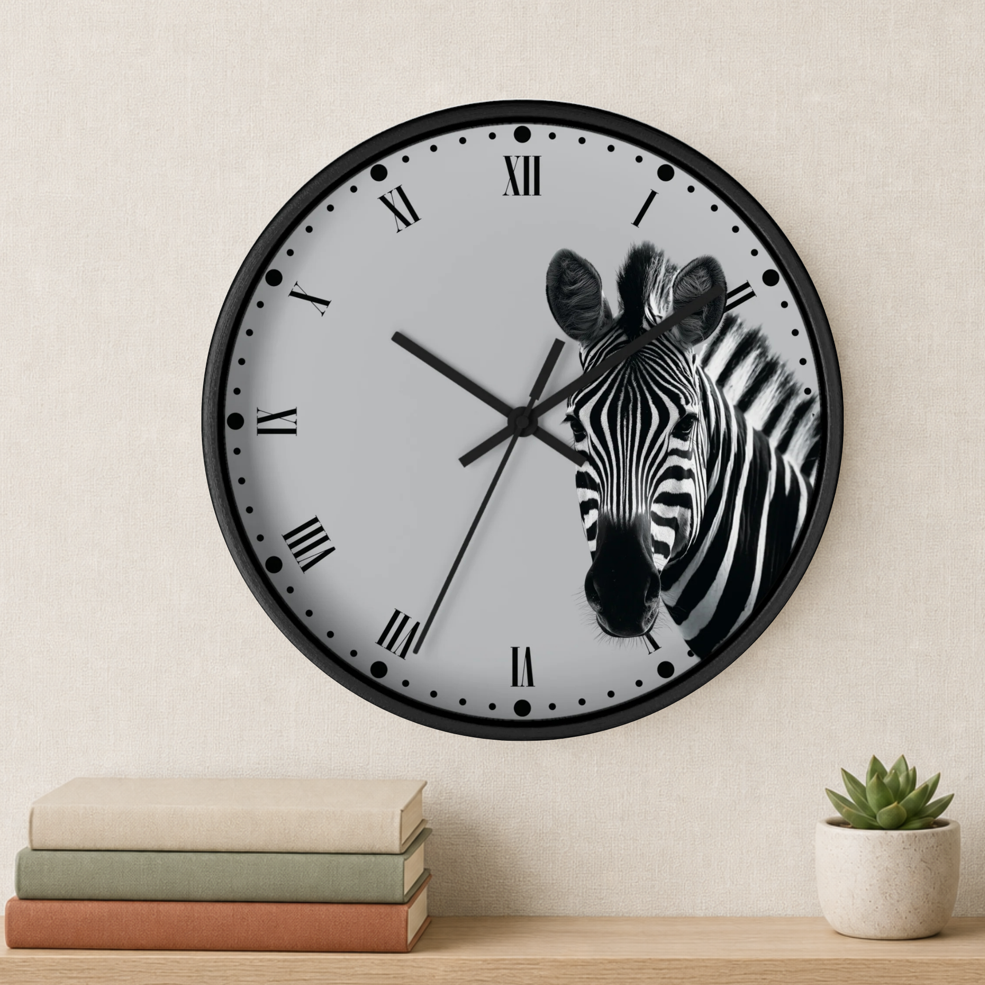 Round wall clock with a black frame and a zebra face printed on the dial, styled on a light beige wall above a wooden surface with stacked books and a small potted succulent.