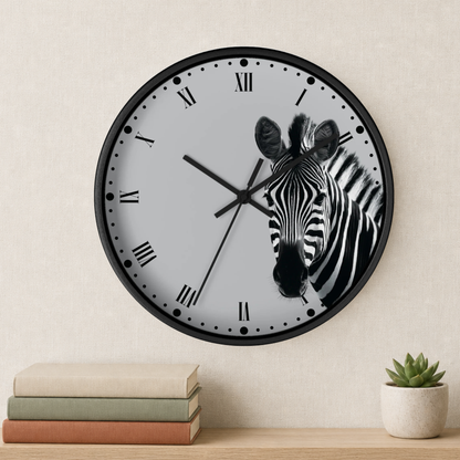 Round wall clock with a black frame and a zebra face printed on the dial, styled on a light beige wall above a wooden surface with stacked books and a small potted succulent.