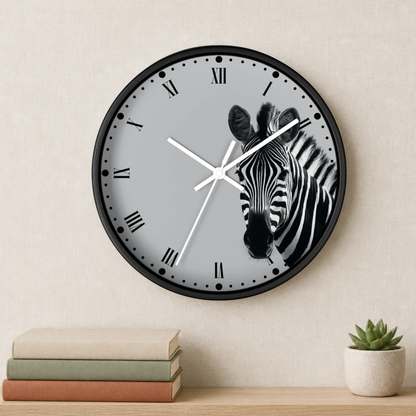 A round wall clock with a black frame and a gray face featuring a black-and-white zebra illustration, mounted on a beige wall above a shelf with stacked books and a small potted succulent.