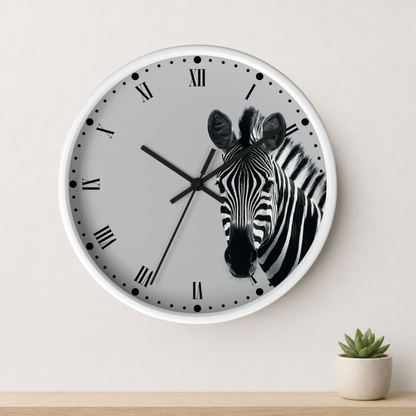 A round wall clock with a white frame and a light gray face featuring a black-and-white zebra illustration. The clock is mounted on a light beige wall above a wooden surface with a small potted succulent.