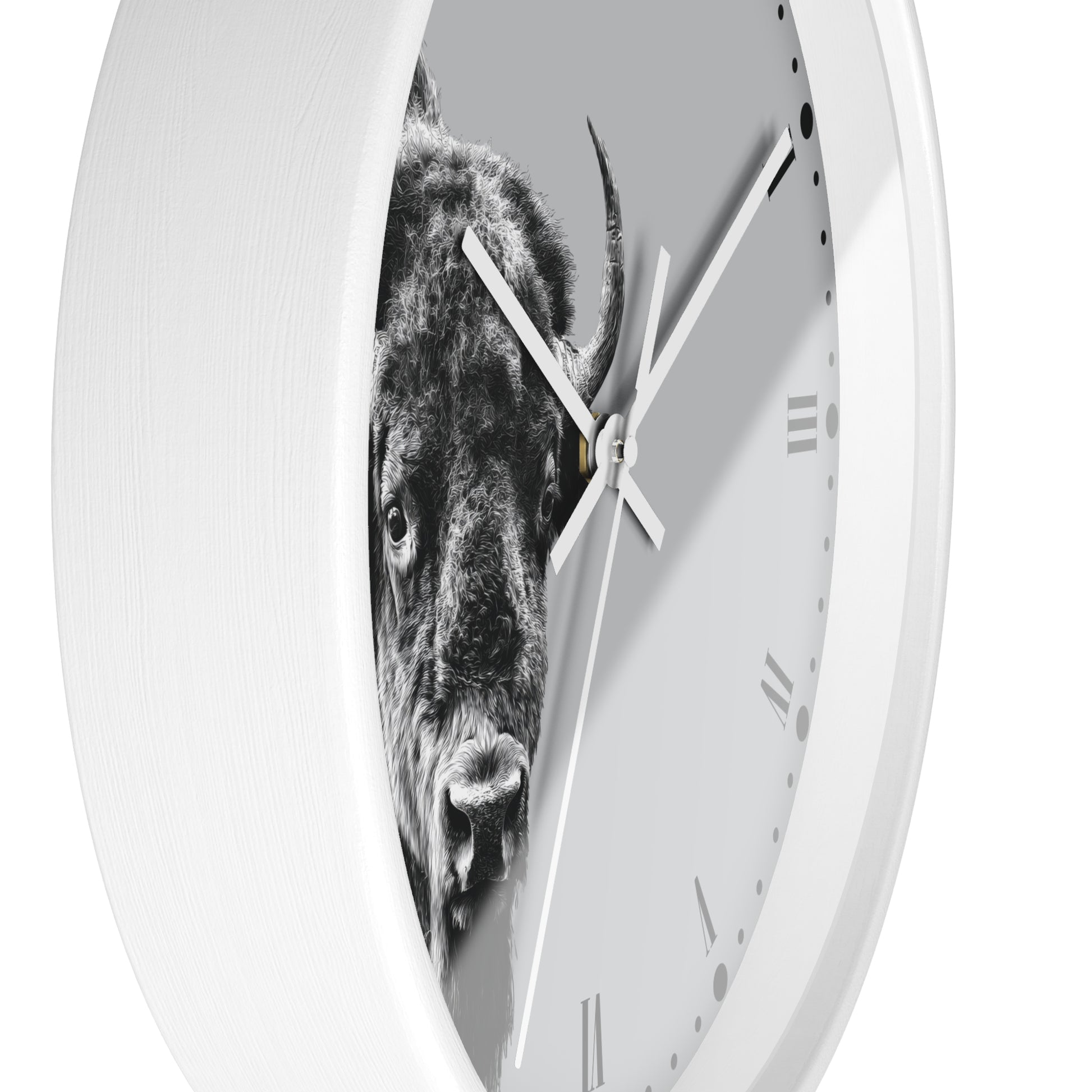 A white round wall clock with a black-and-white photographic print of a bison on the face, shown against a plain white background.